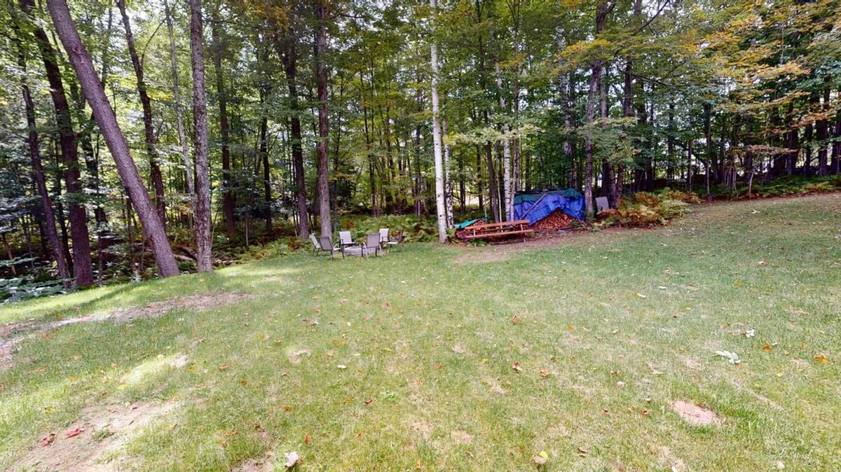 This exterior image captures a serene backyard with green grass, a casual seating area, and a peaceful wooded backdrop. The open sky and surrounding trees evoke a tranquil outdoor setting, perfect for relaxation or nature-focused activities.
